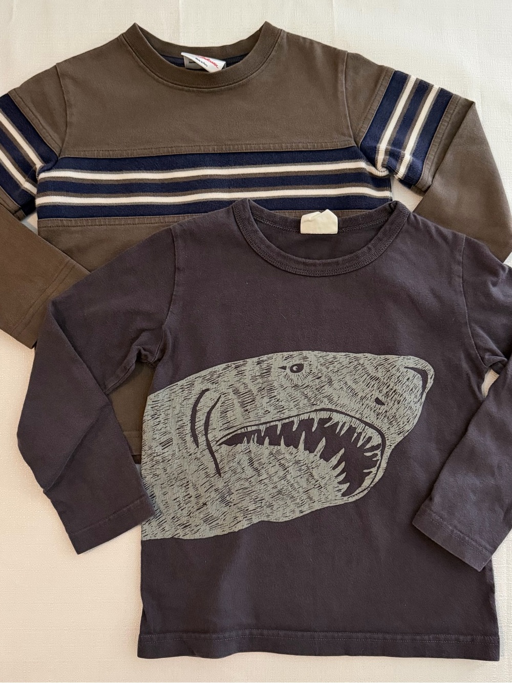 Mini Boden Navy Shark Long-Sleeve Tee & Hanna Andersson Striped Long-Sleeve Tee